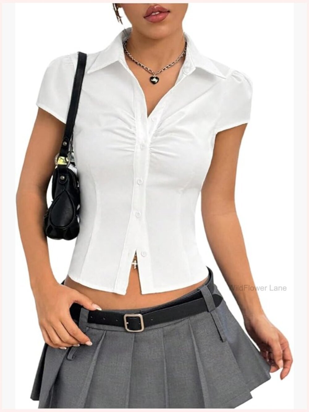 Button Down Short Sleeve Crop Top Y2K Preppy Blouse
